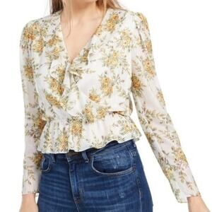 Leyden Blouse Wrap Peplum Long Sleeve Small Floral Top Shirt